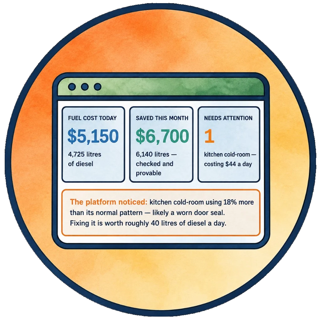 Dashboard interface preview showing key metrics and alerts